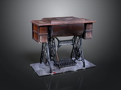 Vintage Sewing Machine With Wooden Top Drawers Metal Frame And Pedal 3d model