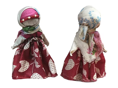 Handmade Traditional Fabric Dolls With Colorful Headscarves And Red Dresses With Leaf Patterns 3d model