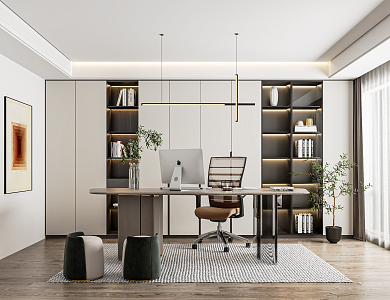 Modern Study Desk and Chair Writing Desk Tea Room Desk Bookcase Office Desk Leisure Chair Chandelier Decorative Cabinet 3d model