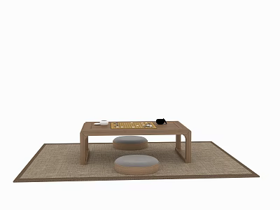 Minimalist Wooden Coffee Table With Chessboard Pieces And Round Cushions On Woven Mat 3d model