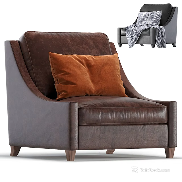 Brown Leather Accent Chair with Orange Cushion Modern Design and Wooden Legs 3d model 