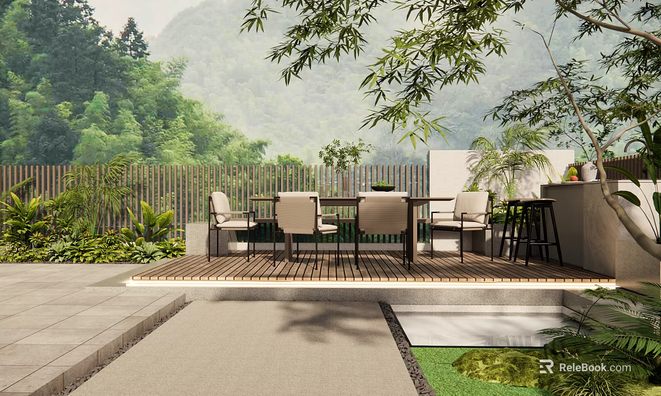 Courtyard Garden With Wooden Deck Outdoor Table Chairs Green Plants And Mountain View 3d model 