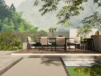 Courtyard Garden With Wooden Deck Outdoor Table Chairs Green Plants And Mountain View 3d model