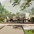 Courtyard Garden With Wooden Deck Outdoor Table Chairs Green Plants And Mountain View