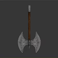 Double Edged Battle Axe With Ornate Metal Blade And Brown Wooden Handle