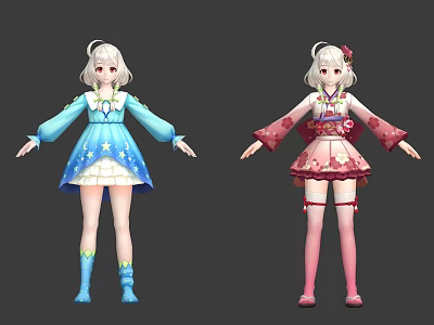 Anime Style Game And Movie Character In Blue Star Dress And Pink Kimono Outfit 3d model