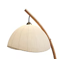 Pair of Arched Floor Lamps with Beige Fabric Shades and Natural Wooden Poles