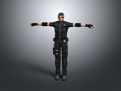 Tactical Gear Equipped Character Standing With Arms Outstretched Full Body Pose Against Gray Background 3d model