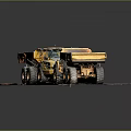 Two Yellow Dump Truck Models Displayed on Platform with Black Background