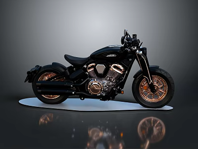 Black Cruiser Motorcycle With Modern Design And Golden Wheels Shiny Metallic Parts 3d model