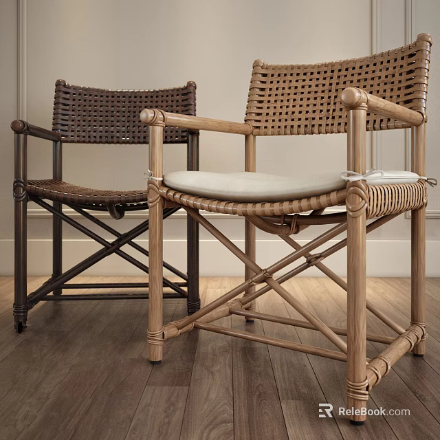 Modern Natural Rattan Armchairs With Crossed Legs And White Cushions 3d model 