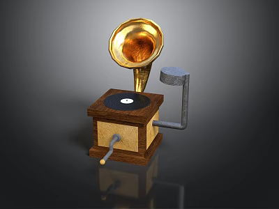 Vintage Gramophone Decorative Piece With Golden Horn Wooden Base And Black Turntable 3d model