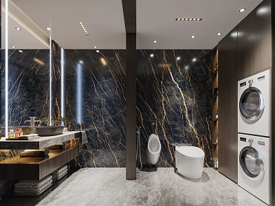 Modern Luxury Bathroom Interior With Marble Walls Washing Machine Toilet Sink And Mirror 3d model