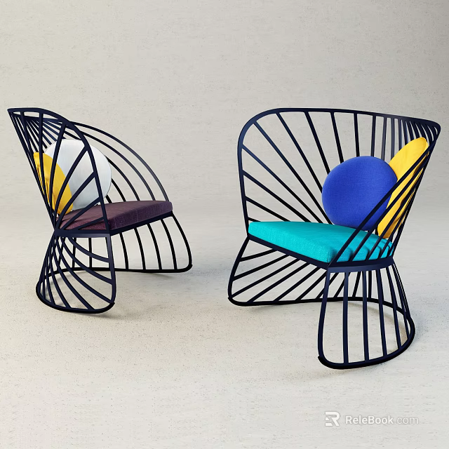 Modern Leisure Chairs Featuring Black Metal Frame Colorful Cushions And Circular Decorations 3d model 
