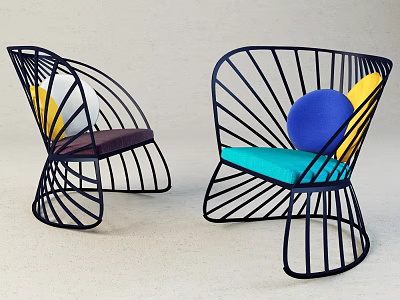 Modern Leisure Chairs Featuring Black Metal Frame Colorful Cushions And Circular Decorations 3d model