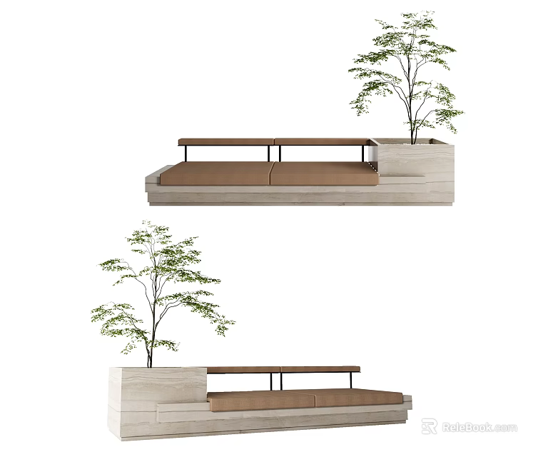 Modern Wooden Bench With Small Trees And Simple Design For Home Decoration 3d model 
