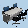 Modern Office Workstation With White Desk Two Computer Monitors Black Chairs On Light Tiled Floor