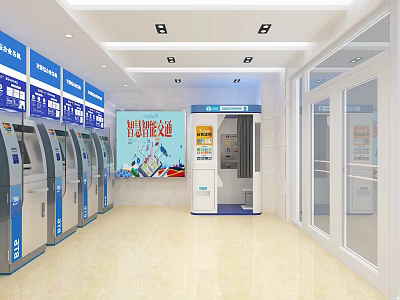 Modern Government Service Hall With Smart Self Service Kiosks And Digital Information Screens 3d model