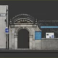 Scenic Model Display With Stone Archway Ornate Top Metal Fence Blue Structure White Information Board