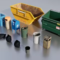 Public Facilities Various Colored Trash Bins With Waste Bags And Different Size Containers