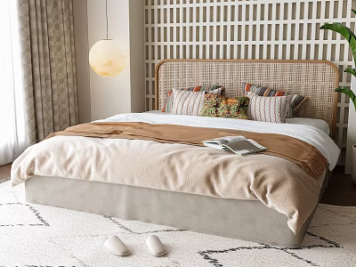 Cozy Double Bed with Rattan Headboard Pillows Beige Brown Blanket Lattice Screen Pendant Light Plant 3d model