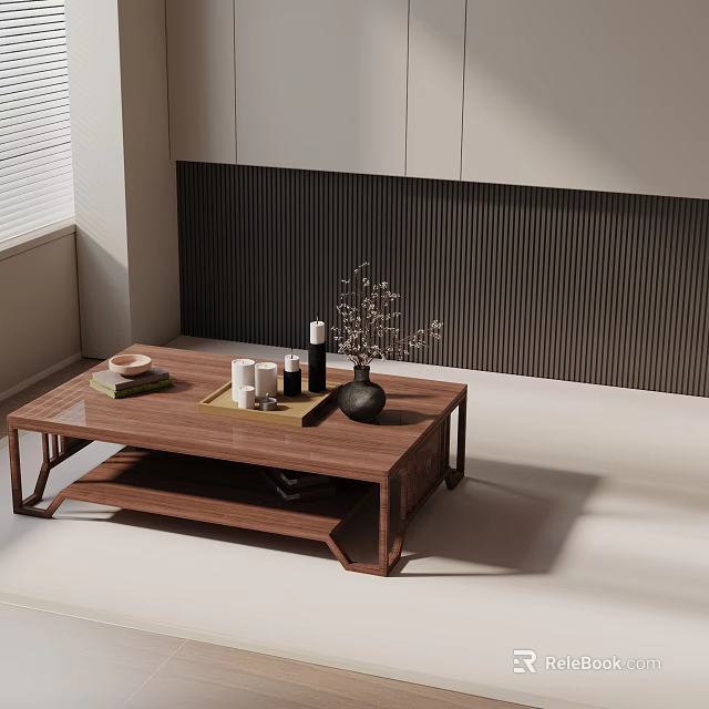 Modern Sofa Coffee Table Combination Interior Featuring Wooden Tray Cups Vase And Window Blinds 3d model
