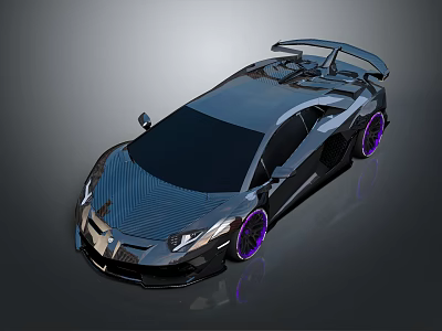 Modern Black Sports Car with Sleek Body Purple Wheels and Rear Spoiler Design 3d model