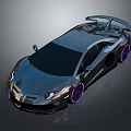 Modern Black Sports Car with Sleek Body Purple Wheels and Rear Spoiler Design