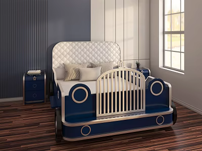 Blue Kids Bed With White Tufted Headboard And Metal Railings In Bedroom 3d model