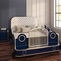Blue Kids Bed With White Tufted Headboard And Metal Railings In Bedroom