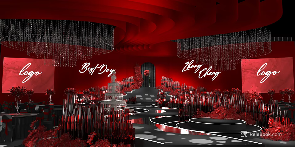 Elegant Red Themed Banquet Hall With Chandeliers Stage Cake And Decorations 3d model 