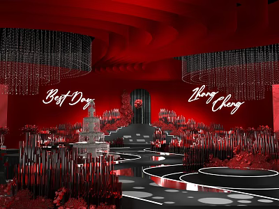 Elegant Red Themed Banquet Hall With Chandeliers Stage Cake And Decorations 3d model