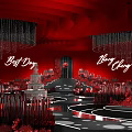 Elegant Red Themed Banquet Hall With Chandeliers Stage Cake And Decorations