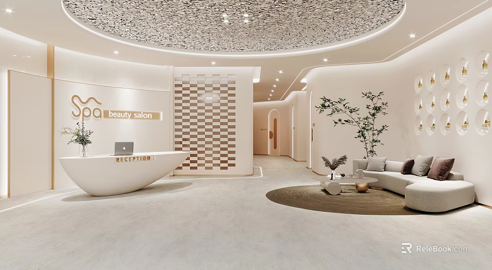 Elegant Modern Beauty Salon Interior With Reception Desk Green Plants And Sofa Seating 3d model 