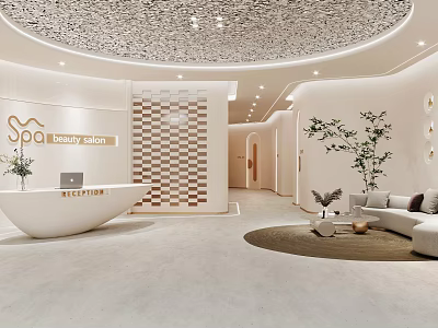 Elegant Modern Beauty Salon Interior With Reception Desk Green Plants And Sofa Seating 3d model