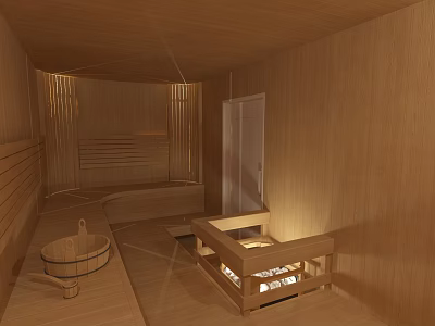 Wooden Shower Sauna Interior Design With Stove Bench And Bucket Elements 3d model