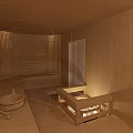 Wooden Shower Sauna Interior Design With Stove Bench And Bucket Elements 3d model