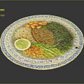 Delicious Grilled Steak with Rice Beans Vegetables and Lemon Slice on Blue White Patterned Plate