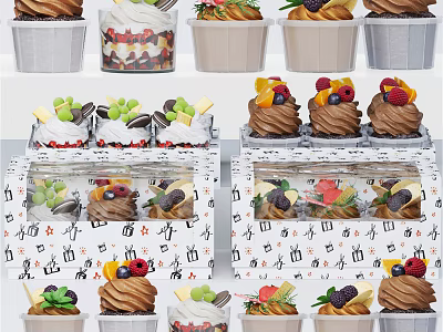 Assorted Cream Topped Desserts with Fresh Fruits in Cup Holders and Gift Boxes 3d model