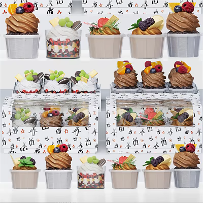 Assorted Cream Topped Desserts with Fresh Fruits in Cup Holders and Gift Boxes 3d model