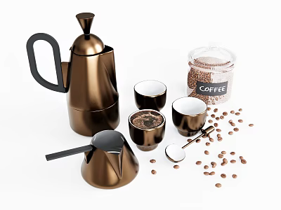 Essential Coffee Kitchenware Set With Brass Pot Cups Glass Jar And Scattered Beans 3d model