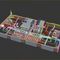 Detailed Industrial Mechanical Structure with Colorful Components and Connecting Lines