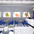 Modern Restaurant Interior With Blue Tables Chairs Stone Walls And Food Posters