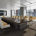 Modern Conference Room Interior With Long Wooden Table Yellow Chairs Microphones And City View Windows