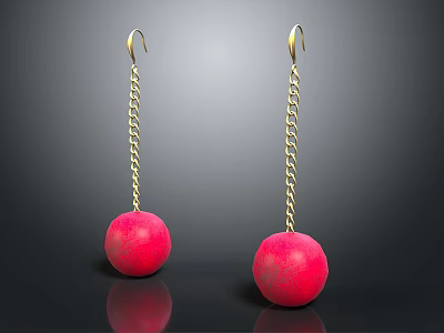 Elegant Red Spherical Bead Earrings With Gold Chain Details In Jewelry 3d model