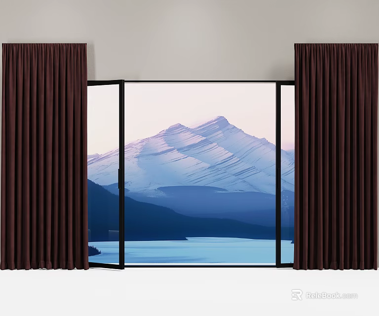 Thick Brown Curtains Framing Large Window With Snowy Mountain And Lake View 3d model 