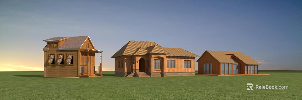 Detached Villa With Wooden Exterior Brown Roof Green Lawn And Front Porch 3d model 