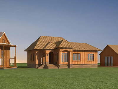 Detached Villa With Wooden Exterior Brown Roof Green Lawn And Front Porch 3d model