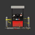 Red and Black Gas Station Fuel Pump with Yellow Warning Posts and Concrete Base