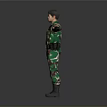 Male In Camouflage Military Uniform Standing With Arms Outstretched On Gray Background